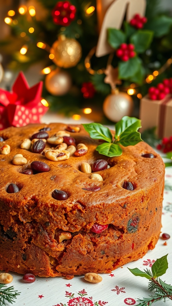 Festive Air Fryer Christmas Cake Recipe A festive air fryer Christmas cake with dried fruits and nuts, surrounded by holiday decorations on a table.